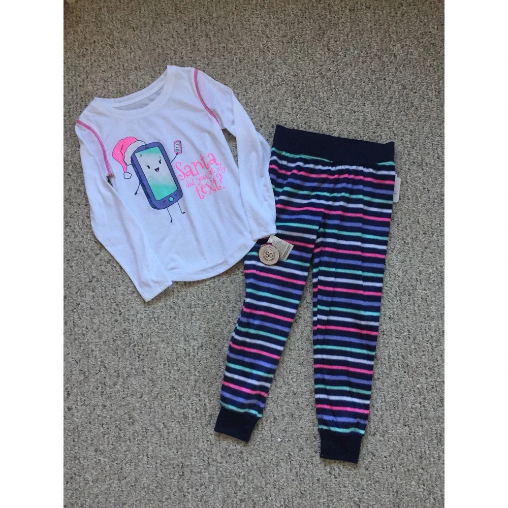 Kids SO Pajamas Set Long Sleeve Top Pants Striped Christmas Phone Size 5/6